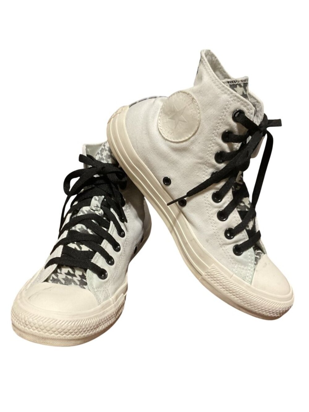 Converse All Star High-Top Sneakers Sz 6.5M 8.5W White & Houndstooth Black Laces
